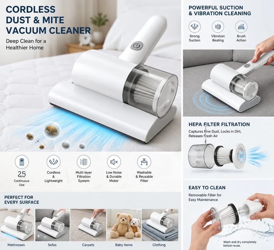 Cordless Dust & Mite Vacuum Cleaner | مكنسة لاسلكية لإزالة الغبار وعث السرير