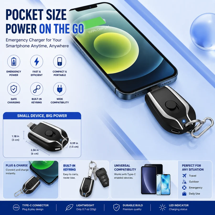 Mini Wireless Charging Keychain | ميني باور بانك لاسلكي بميدالية للشحن السريع والطوارئ