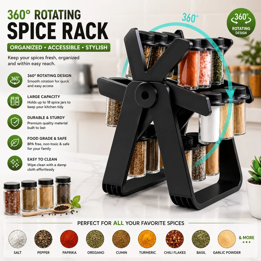 18 Jar Rotating Spice Rack | حامل التوابل الدوار بـ 18 برطمان