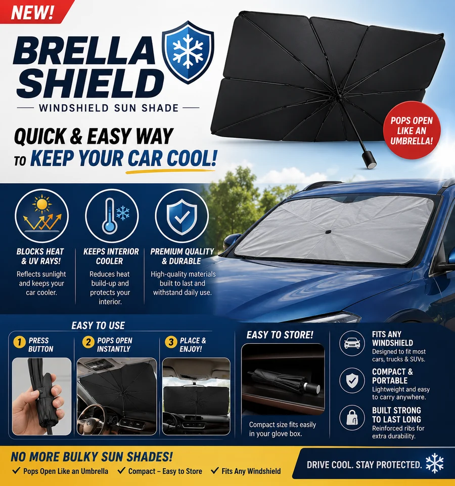 BrellaShield Car Sunshade | مظلة سيارة قابلة للطي للحماية من الحرارة والأشعة فوق البنفسجية